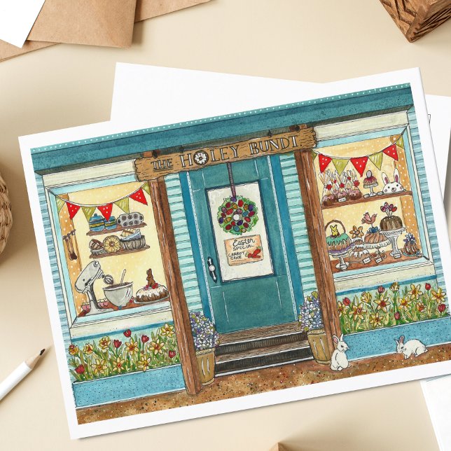 Cartão Postal Coelhinhos de Páscoa e Aquarela Compra Bolo (Criador carregado)