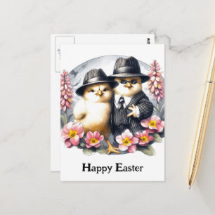 Cartão Postal Coelhinhos engraçados de Páscoa Flores Rosa Amarel