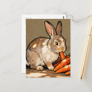 Cartão Postal Coelho adorável comendo cenouras