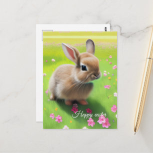 Cartão Postal Coelho bebê fofo em um prado de flores