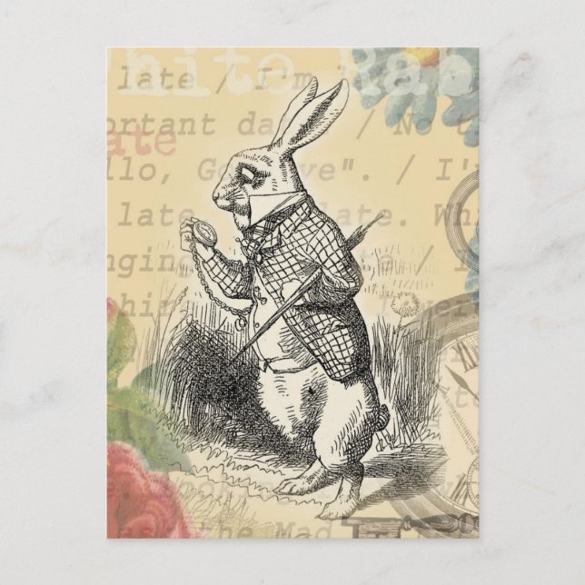 Cartão Postal Coelho Branco Arte da Alice no País das Maravilhas (Frente)