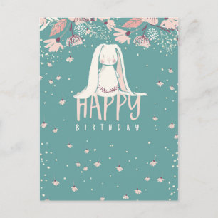 Cartão Postal Coelho Branco & Flores   Feliz Aniversário