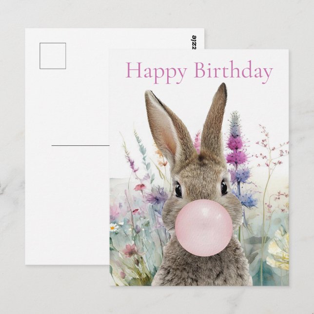 Cartão Postal Coelho chiclete rosa Feliz aniversário (Frente/Verso)