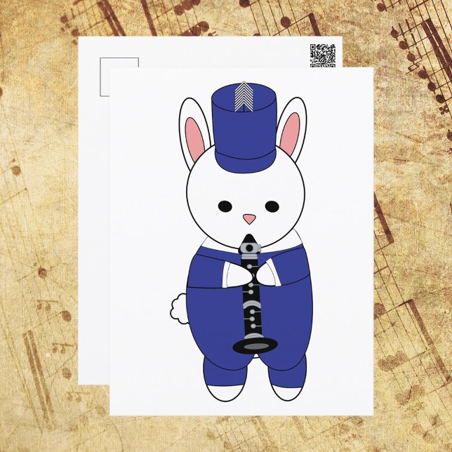 Cartão Postal Coelho Clarinet Banda Marcha Azul (A cute postcard with a rabbit playing the clarinet in a blue and white marching band uniform.)