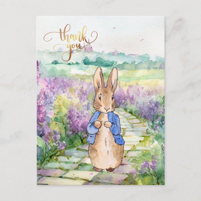 Cartão Postal Coelho clássico com flores silvestres Obrigado (Frente)