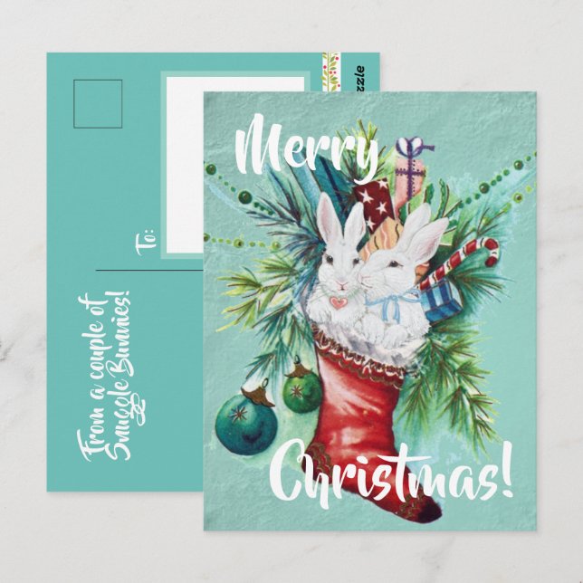 Cartão Postal Coelho Coelho Personalizado Xmas com Casal Azul (Frente/Verso)