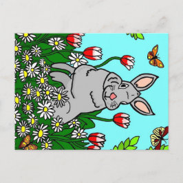 Cartão Postal Coelho da Primavera em um Jardim de Flores