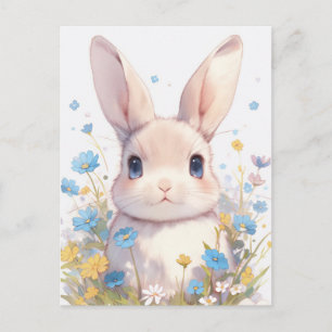 Cartão Postal Coelho de Creme Doce no Prado de Flor Silvestre Az