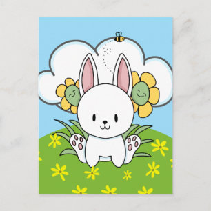 Cartão Postal Coelho de desenho animado e flores felizes