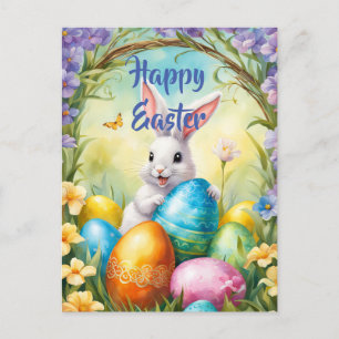 Cartão Postal Coelho de Páscoa Branco com Ovos Coloridos