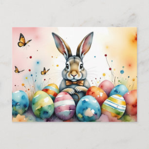 Cartão Postal Coelho de Páscoa Fofo com Ovos Pintados Coloridos