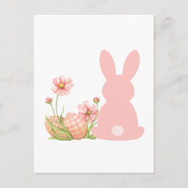 Cartão Postal Coelho de Páscoa Rosa Fofo com Flores de Primavera