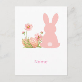 Cartão Postal Coelho de Páscoa Rosa Fofo com Flores de Primavera