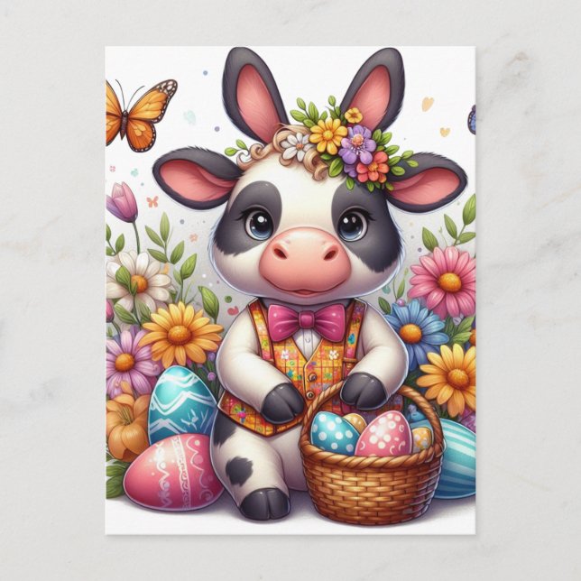 Cartão Postal Coelho de Páscoa Vaca Adorável com Ovos (Frente)
