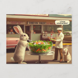 Cartão Postal Coelho Engraçado Ordena Salada em Arte Diner AI