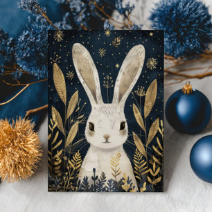 Cartão Postal Coelho Fofo Floresta de Inverno Natal Elegante 