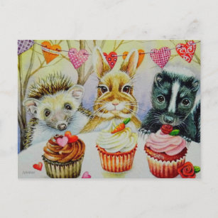 Cartão Postal Coelho Hedgehog Skunk & Cupcakes Arte de Aquarela