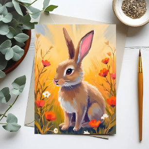 Cartão Postal Coelho Marrom Pintura Floral de Campo Animal