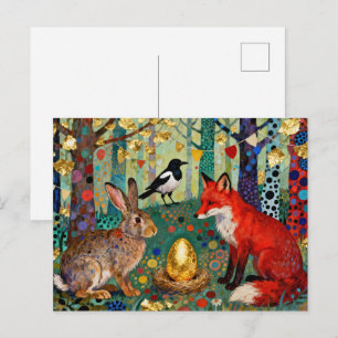Cartão Postal Coelho, Pega, Raposa e “O Ovo de Ganso Dourado”