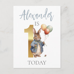Cartão Postal Coelho Personalizado com balões Primeiro Aniversár