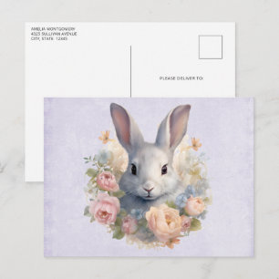 Cartão Postal Coelho Rodeado por Flores Pastel Lindas