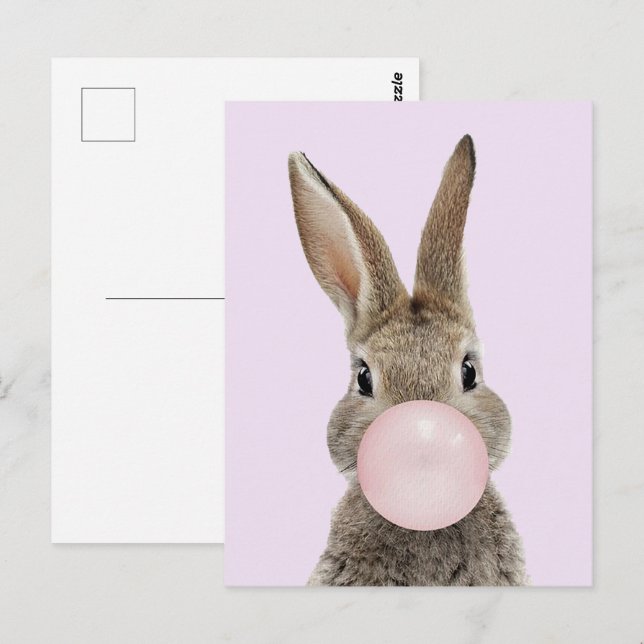 Cartão Postal Coelho soprando chiclete rosa (Frente/Verso)