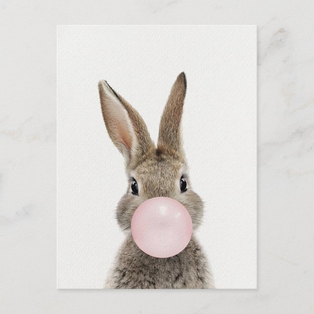 Cartão Postal Coelho soprando chiclete rosa (Frente)
