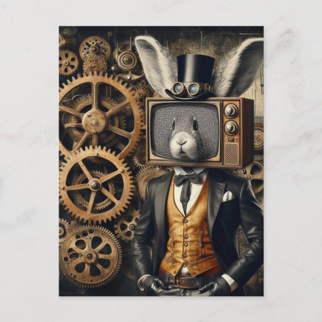 Cartão Postal Coelho Steampunk Engraçado Com Cabeça De TV (Frente)