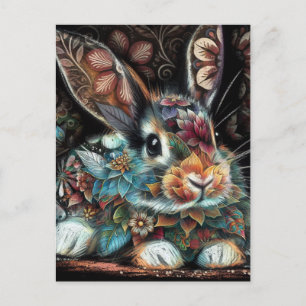 Cartão Postal Coelho Whimsso Rabbit Floral Abstrato Teal Preto