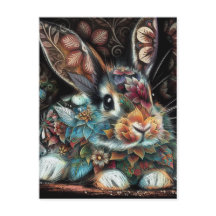 Coelho Whimsso Rabbit Floral Abstrato Teal Preto