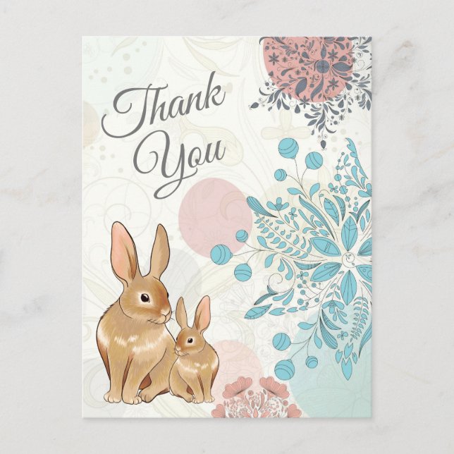 Cartão Postal Coelhos Bonitos com Flores de Primavera Obrigado (Frente)