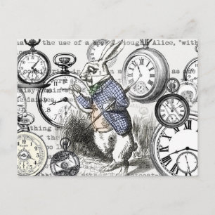 Cartão Postal Coelhos Brancos Alice Terra dos Sonhos Relógios Ar