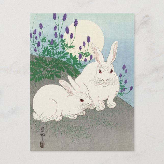 Cartão Postal Coelhos da Pintura da Lua Cheia por Ohara Koson (Frente)