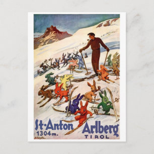 Cartão Postal Coelhos de esqui em Ruas. Anton, Tyrol, Áustria