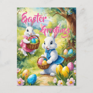 Cartão Postal Coelhos de Páscoa Brancos com Ovos Coloridos