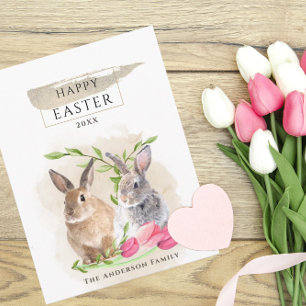 Cartão Postal Coelhos de Páscoa Fofos   Arte em Aquarela Feliz P