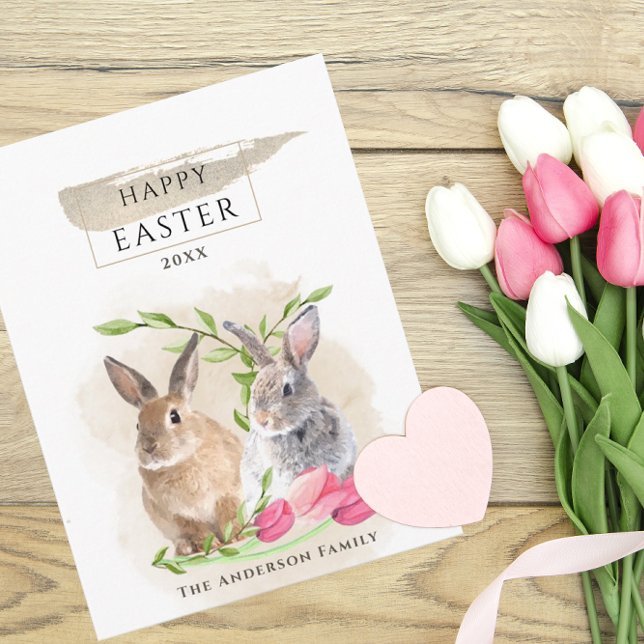 Cartão Postal Coelhos de Páscoa Fofos | Arte em Aquarela Feliz P (Criador carregado)