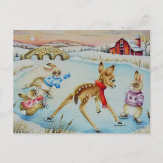 Cartão Postal Coelhos e Corças Patinando Arte Aquarela