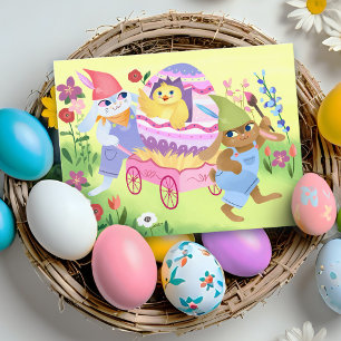 Cartão Postal Coelhos e Pintinhos da Páscoa