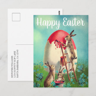 Cartão Postal Coelhos Vintage Pintando Ovo de Páscoa Feliz Pásco