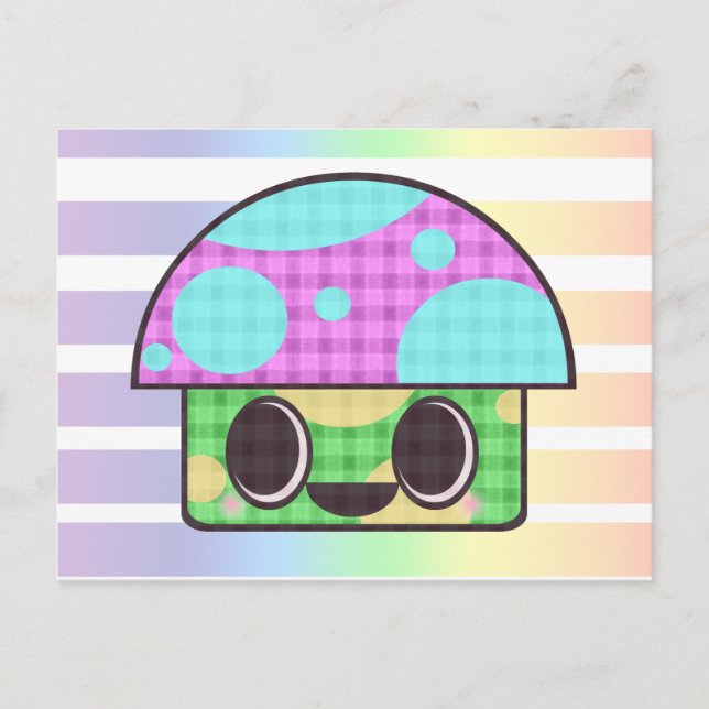 CARTÃO POSTAL COGUMELO KAWAII XADREZ PATCHWORK PLAID (Frente)