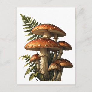 Cartão Postal Cogumelos Amanita Vermelhos com Samambaia Botânica
