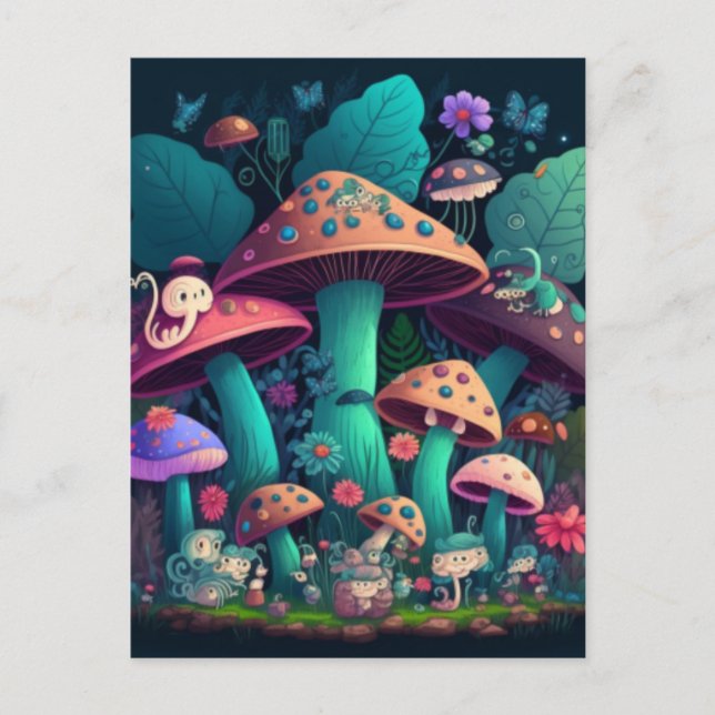 Cartão Postal Cogumelos elfos no campo (Frente)