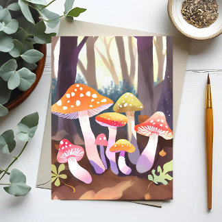 Cartão Postal Cogumelos Fofos | Floresta em Aquarela