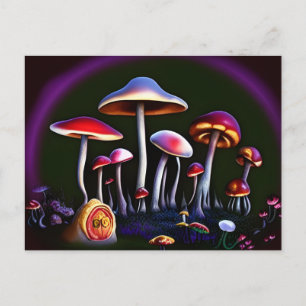Cartão Postal Cogumelos Trippy Coloridos e uma pequena fada