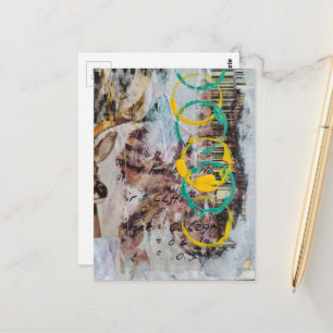 Cartão Postal colagem abstrata azul amarelo círculos vintage