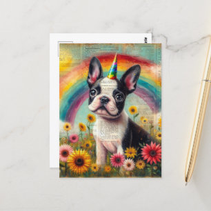 Cartão Postal Colagem Adorável de Papagaios em Boston Terrier Un