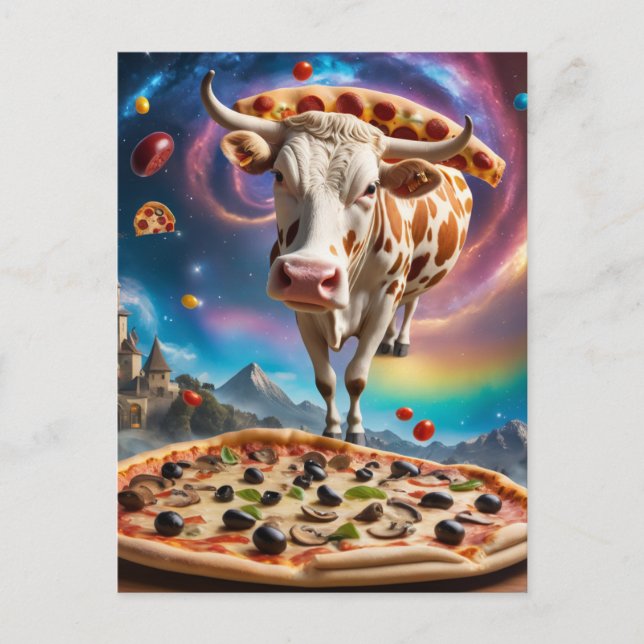 Cartão Postal Colagem Colorida Engraçada De Pizza Surreal (Frente)