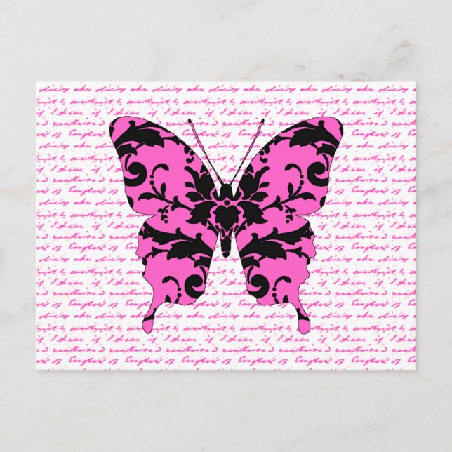 Cartão Postal Colagem da Borboleta Damask Rosa (Frente)