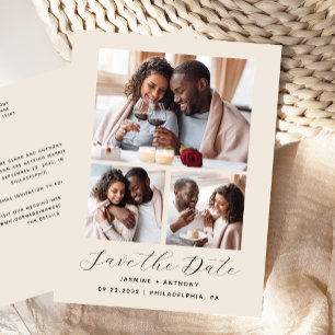 Cartão Postal Colagem de 3 fotos Beige Salvar a Data